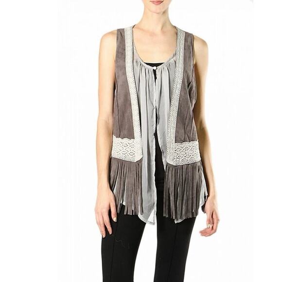 Ryu Tops - Ryu Boho Fringe Vest Sz Large Taupe Faux Suede Crochet Trim Festival Layering